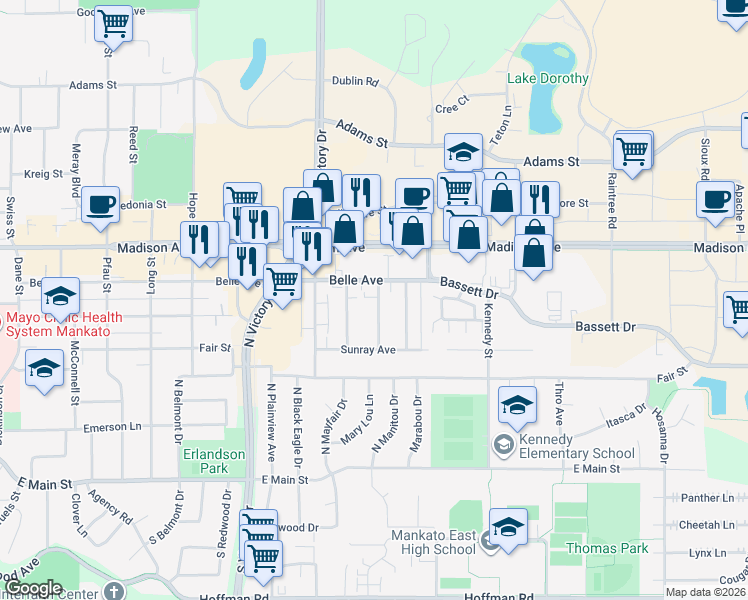 map of restaurants, bars, coffee shops, grocery stores, and more near 425 Deldona Drive in Mankato