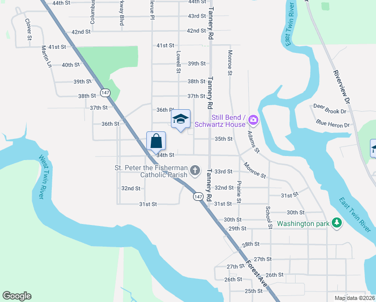 map of restaurants, bars, coffee shops, grocery stores, and more near 2411 34th Street in Two Rivers
