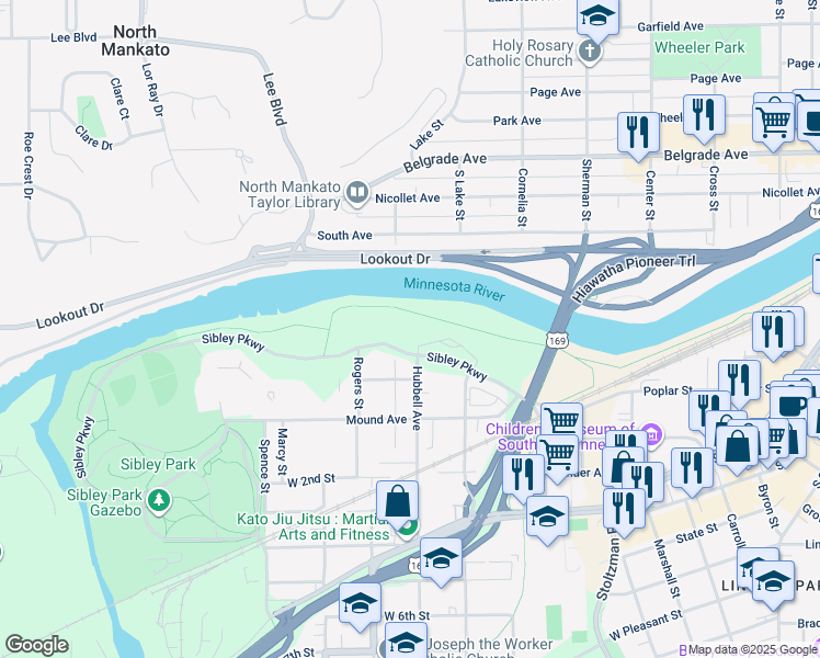 map of restaurants, bars, coffee shops, grocery stores, and more near 410 Sibley Parkway in Mankato