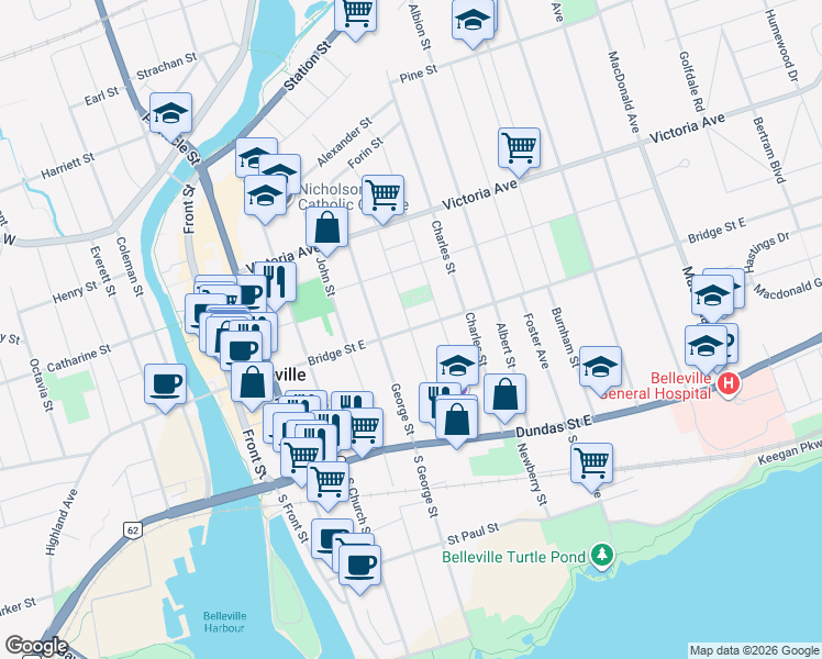 map of restaurants, bars, coffee shops, grocery stores, and more near Bridge St E & William St in Belleville
