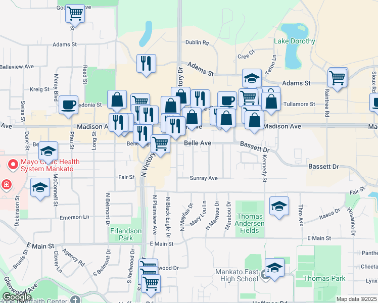 map of restaurants, bars, coffee shops, grocery stores, and more near 1521 Madison Avenue in Mankato
