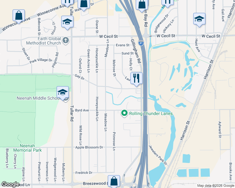 map of restaurants, bars, coffee shops, grocery stores, and more near 965 Gay Drive in Neenah