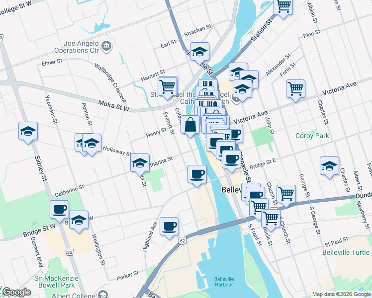 map of restaurants, bars, coffee shops, grocery stores, and more near 10 Catharine Street in Belleville