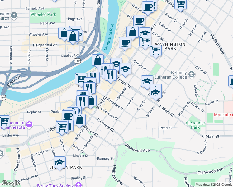 map of restaurants, bars, coffee shops, grocery stores, and more near 212 East Walnut Street in Mankato