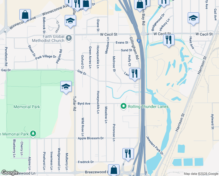 map of restaurants, bars, coffee shops, grocery stores, and more near 965 Gay Drive in Neenah