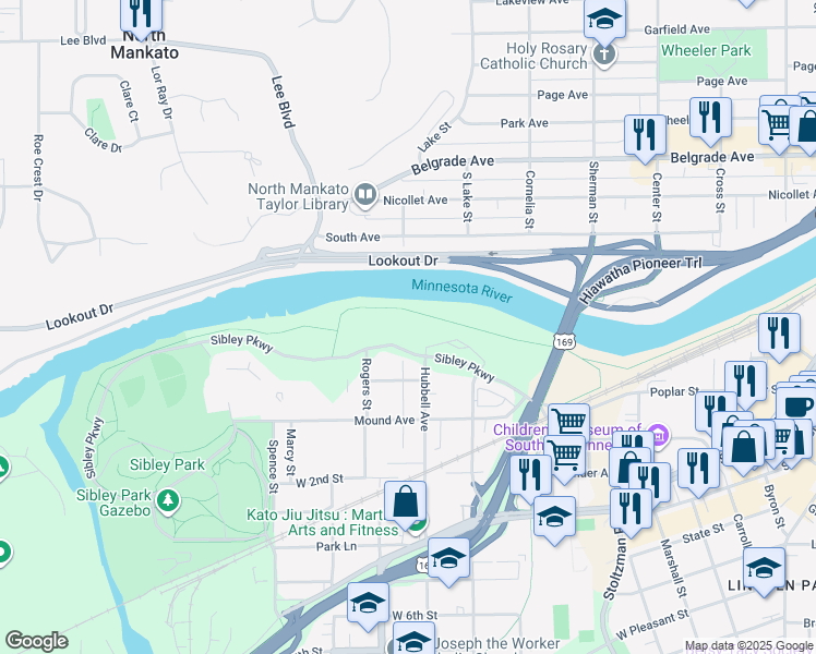 map of restaurants, bars, coffee shops, grocery stores, and more near 410 Sibley Parkway in Mankato