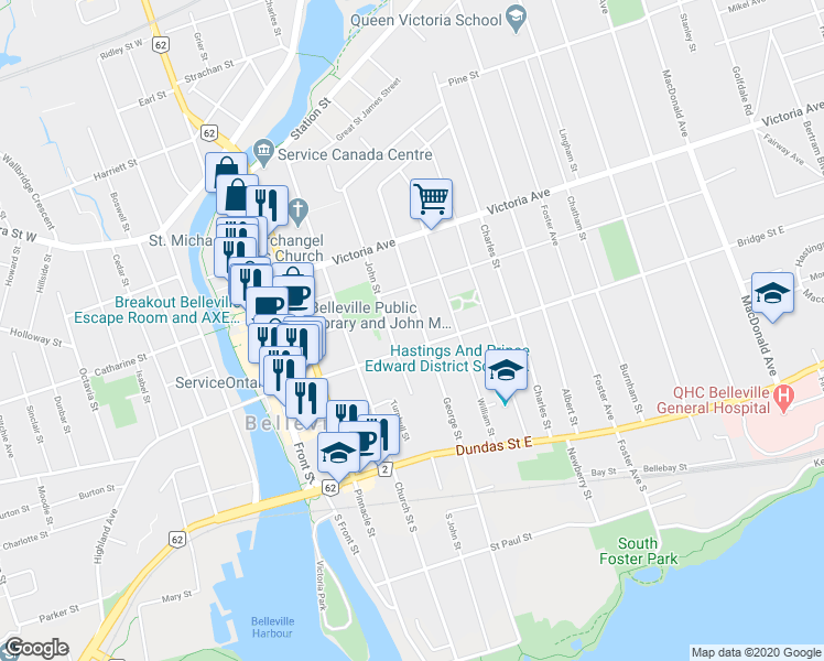 map of restaurants, bars, coffee shops, grocery stores, and more near 210 George Street in Belleville