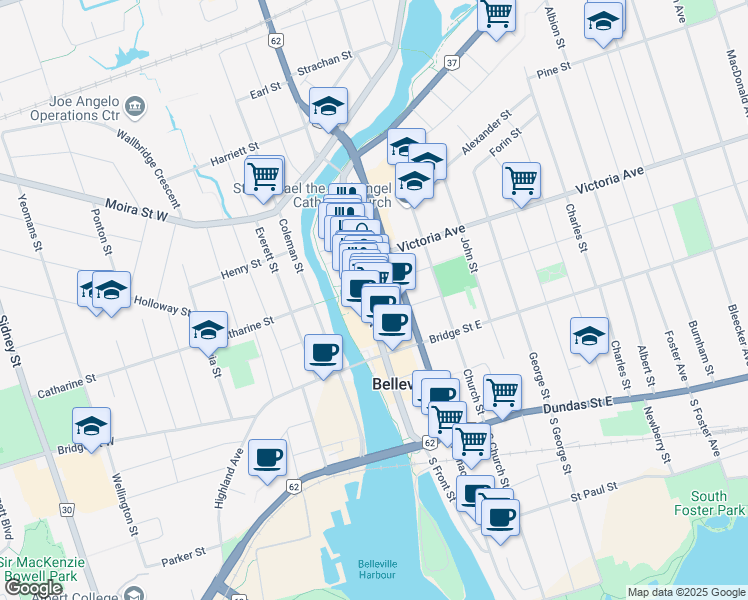 map of restaurants, bars, coffee shops, grocery stores, and more near 251 Front Street in Belleville