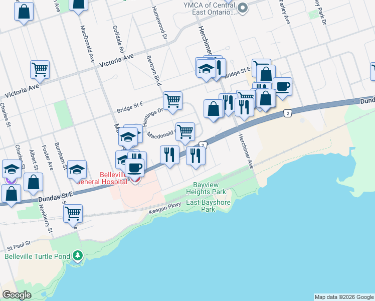 map of restaurants, bars, coffee shops, grocery stores, and more near Dundas Street East in Belleville