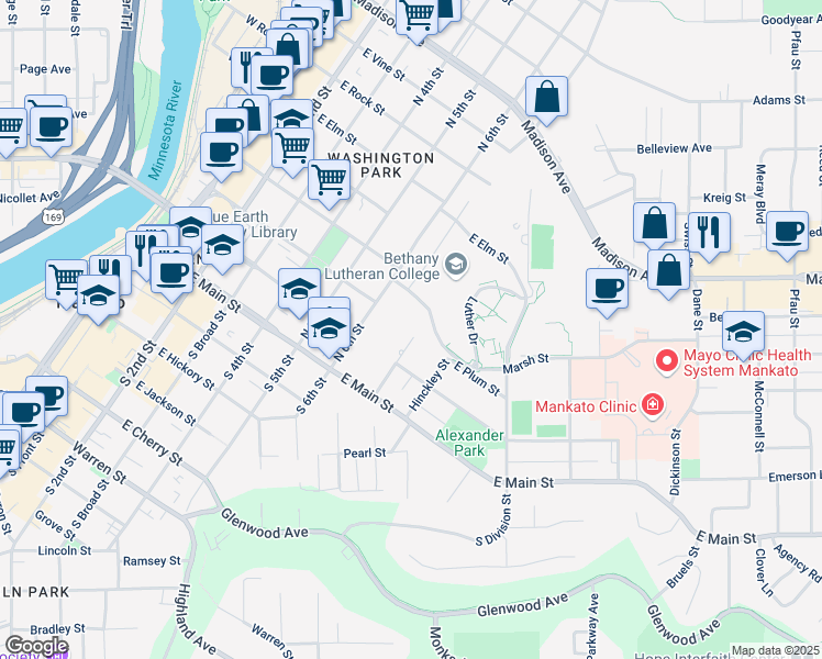 map of restaurants, bars, coffee shops, grocery stores, and more near 232 Crocus Place in Mankato