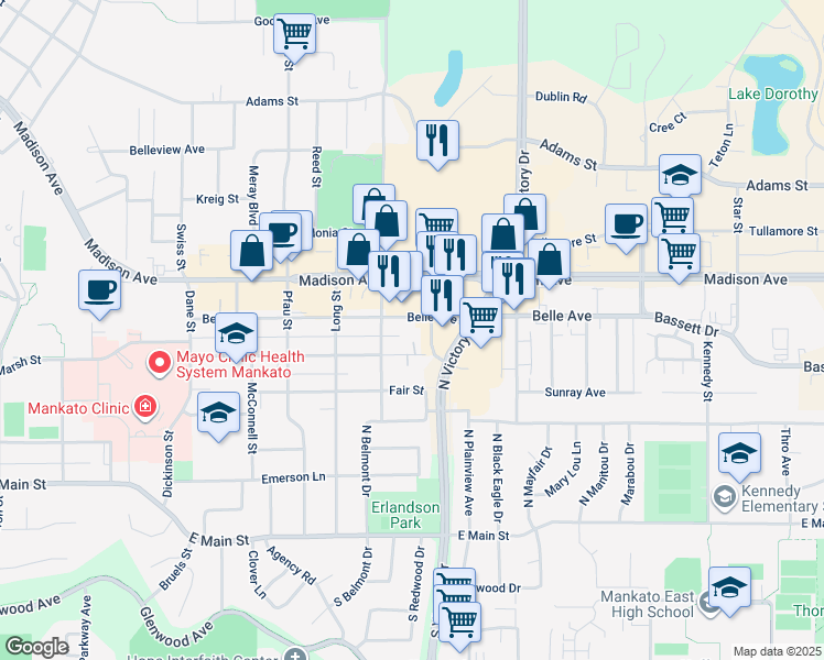 map of restaurants, bars, coffee shops, grocery stores, and more near 510 Belle Avenue in Mankato