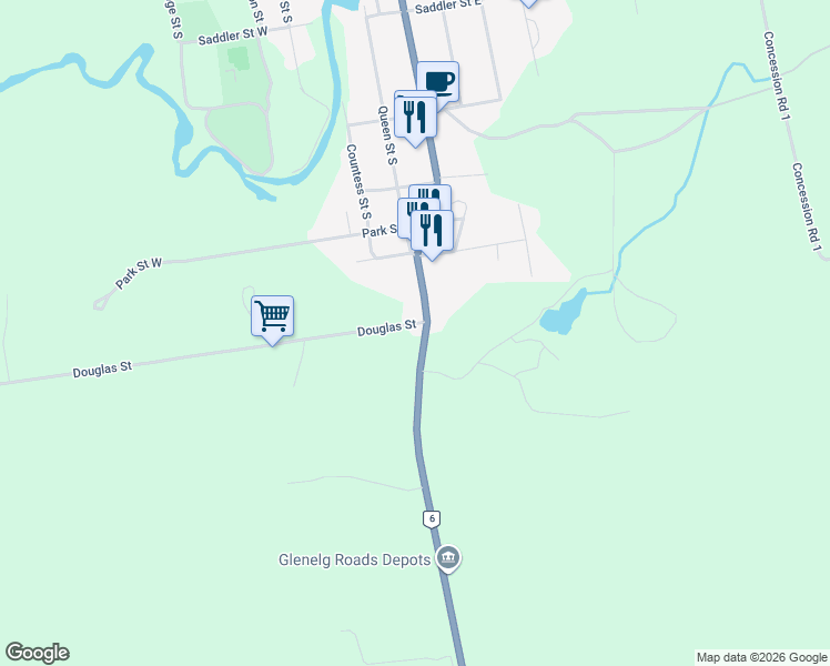 map of restaurants, bars, coffee shops, grocery stores, and more near 101 Douglas Street West in Grey County