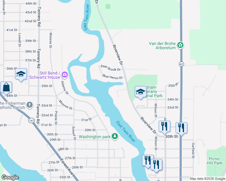 map of restaurants, bars, coffee shops, grocery stores, and more near 1436 Terrace Court in Two Rivers