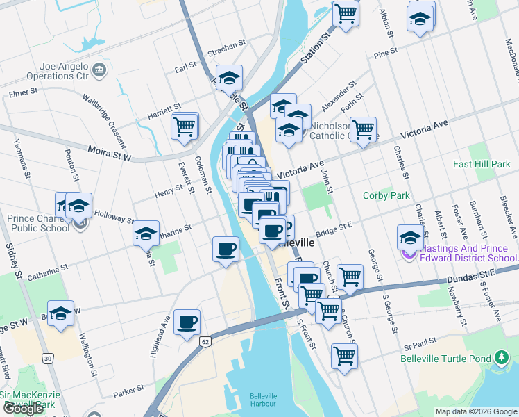 map of restaurants, bars, coffee shops, grocery stores, and more near 261 Front Street in Belleville