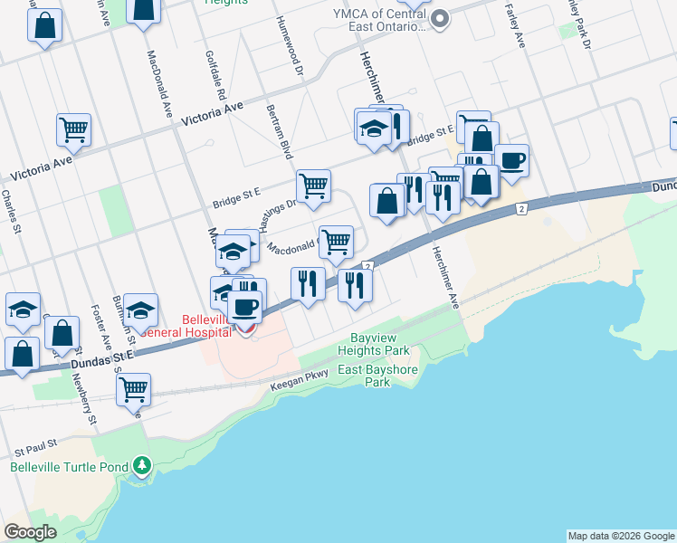 map of restaurants, bars, coffee shops, grocery stores, and more near 168 Hastings Drive in Belleville