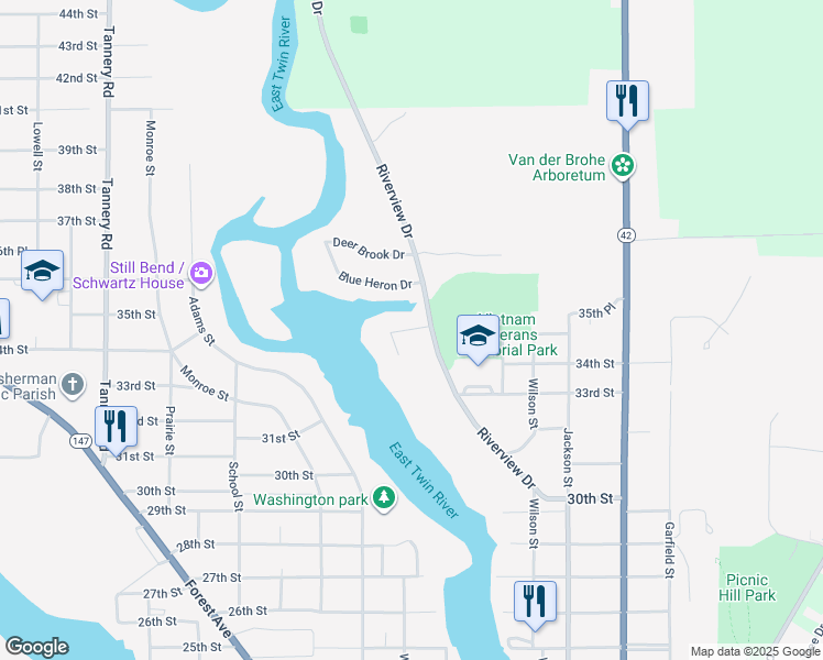 map of restaurants, bars, coffee shops, grocery stores, and more near 1448 Terrace Ct in Two Rivers