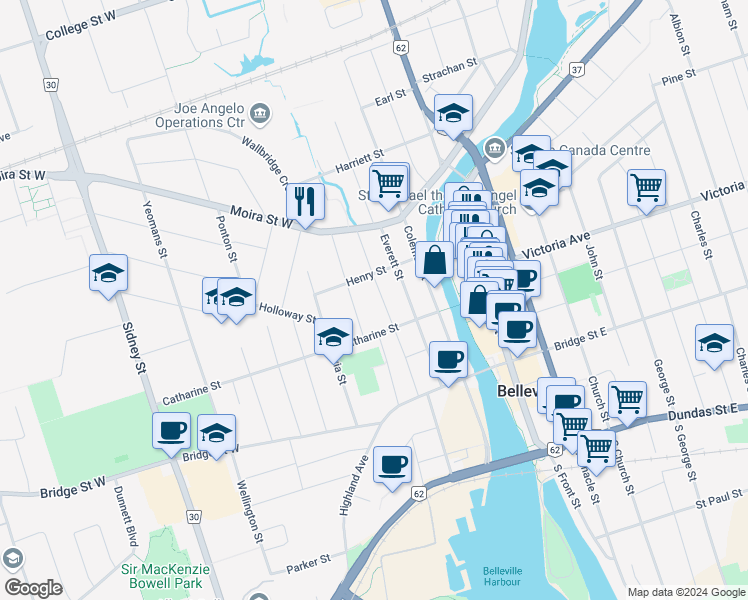 map of restaurants, bars, coffee shops, grocery stores, and more near 68 Cedar Street in Belleville
