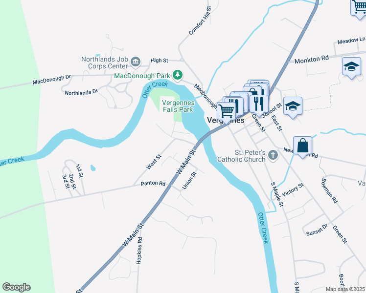 map of restaurants, bars, coffee shops, grocery stores, and more near 18 West Street in Vergennes
