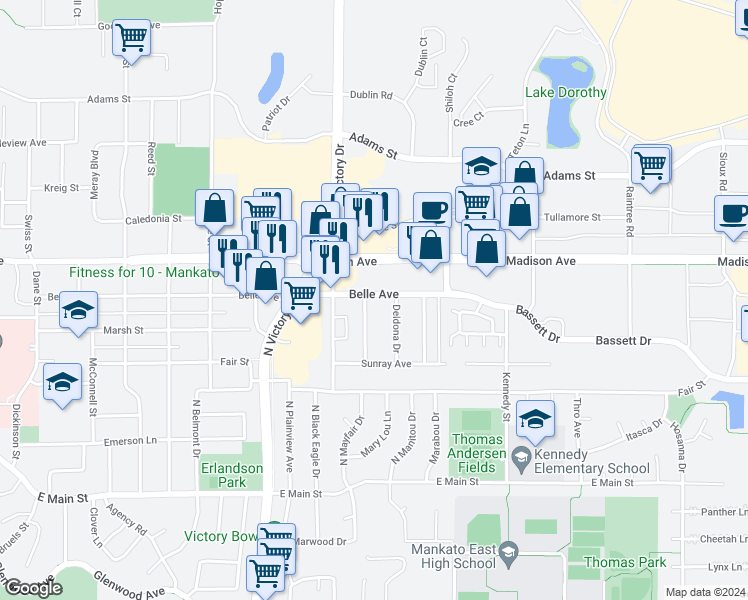 map of restaurants, bars, coffee shops, grocery stores, and more near 1521 Madison Avenue in Mankato