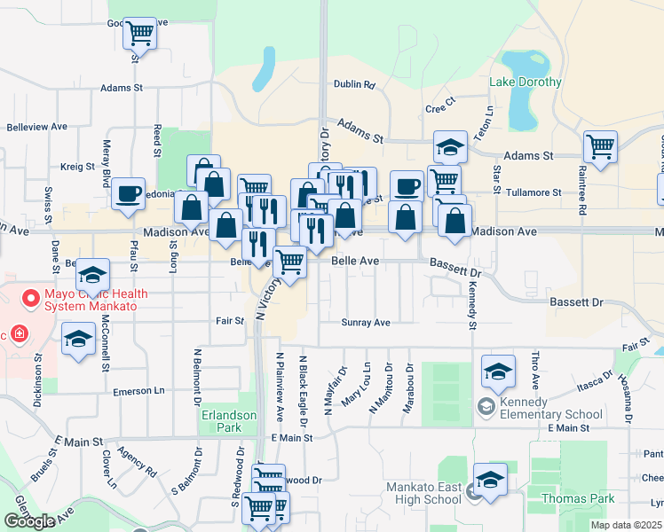 map of restaurants, bars, coffee shops, grocery stores, and more near 500 Holly Lane in Mankato