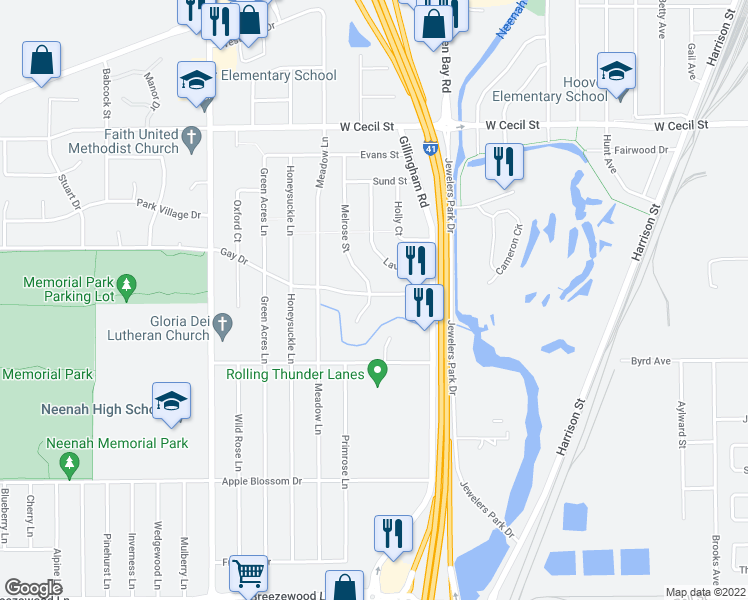 map of restaurants, bars, coffee shops, grocery stores, and more near 1116 Melrose Court in Neenah