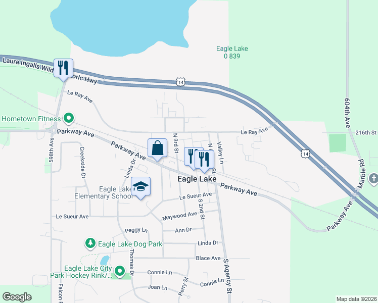 map of restaurants, bars, coffee shops, grocery stores, and more near 124 North 2nd Street in Eagle Lake