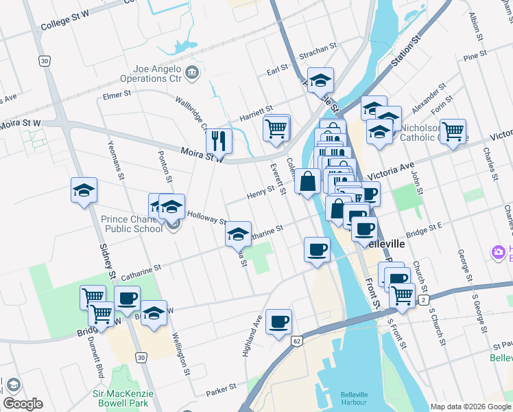 map of restaurants, bars, coffee shops, grocery stores, and more near 27 Murney Street in Belleville