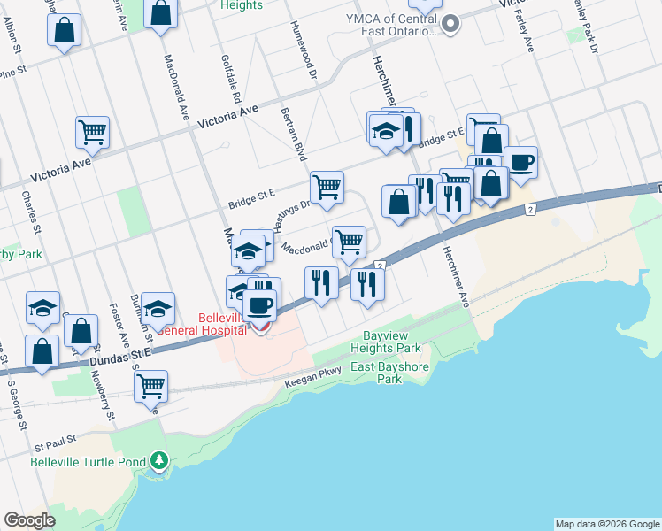 map of restaurants, bars, coffee shops, grocery stores, and more near 168 Hastings Drive in Belleville