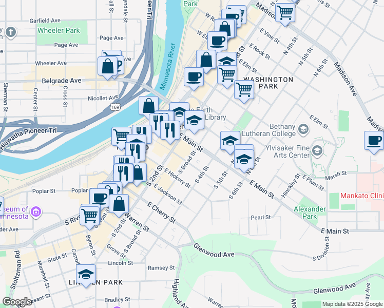 map of restaurants, bars, coffee shops, grocery stores, and more near 227 East Main Street in Mankato
