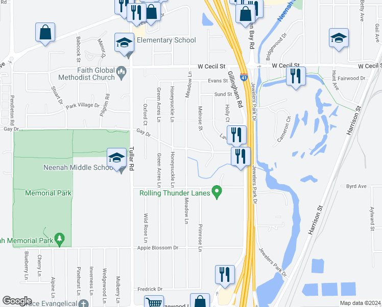 map of restaurants, bars, coffee shops, grocery stores, and more near 970 1/2 Gay Drive in Neenah