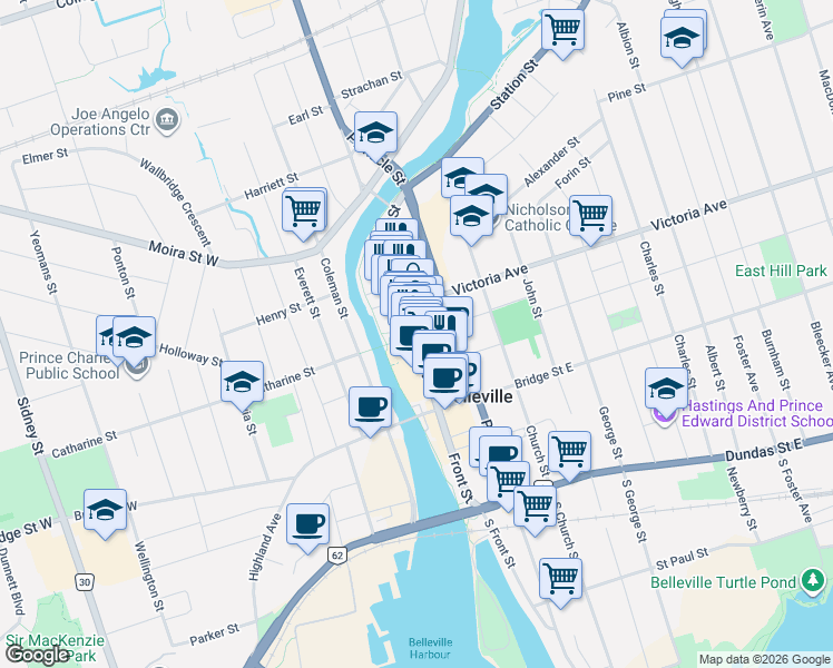 map of restaurants, bars, coffee shops, grocery stores, and more near 269 Front Street in Belleville