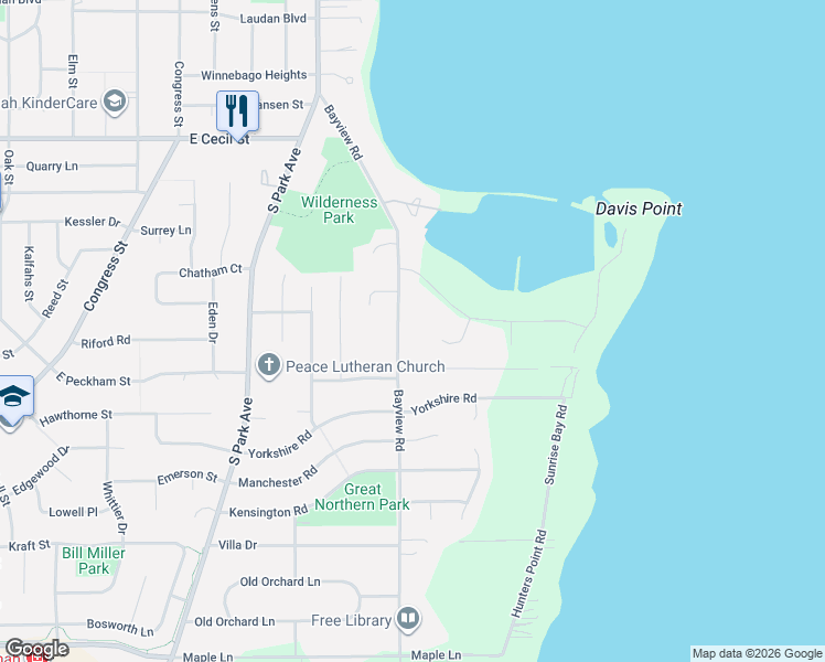 map of restaurants, bars, coffee shops, grocery stores, and more near 908 Bayview Road in Neenah