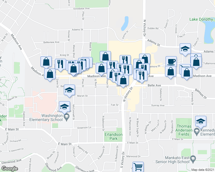 map of restaurants, bars, coffee shops, grocery stores, and more near 500 Belle Avenue in Mankato