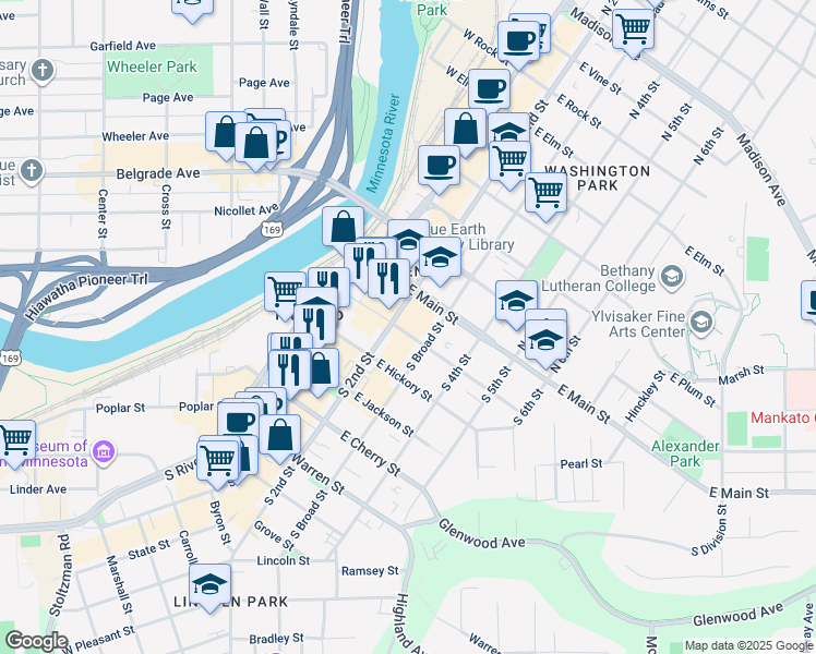 map of restaurants, bars, coffee shops, grocery stores, and more near 212 East Walnut Street in Mankato