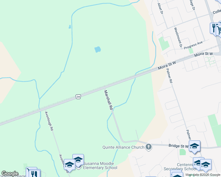 map of restaurants, bars, coffee shops, grocery stores, and more near 551 Moira Street West in Belleville