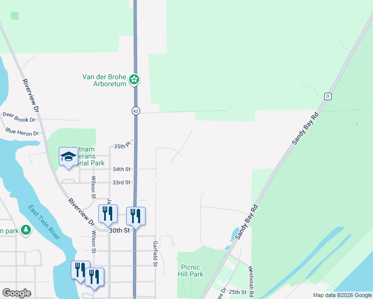 map of restaurants, bars, coffee shops, grocery stores, and more near 3509 Pierce Court in Two Rivers