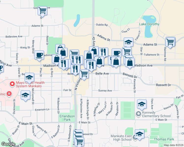 map of restaurants, bars, coffee shops, grocery stores, and more near Holly Lane in Mankato