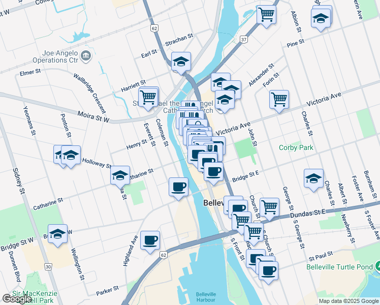 map of restaurants, bars, coffee shops, grocery stores, and more near 314 Front Street in Belleville