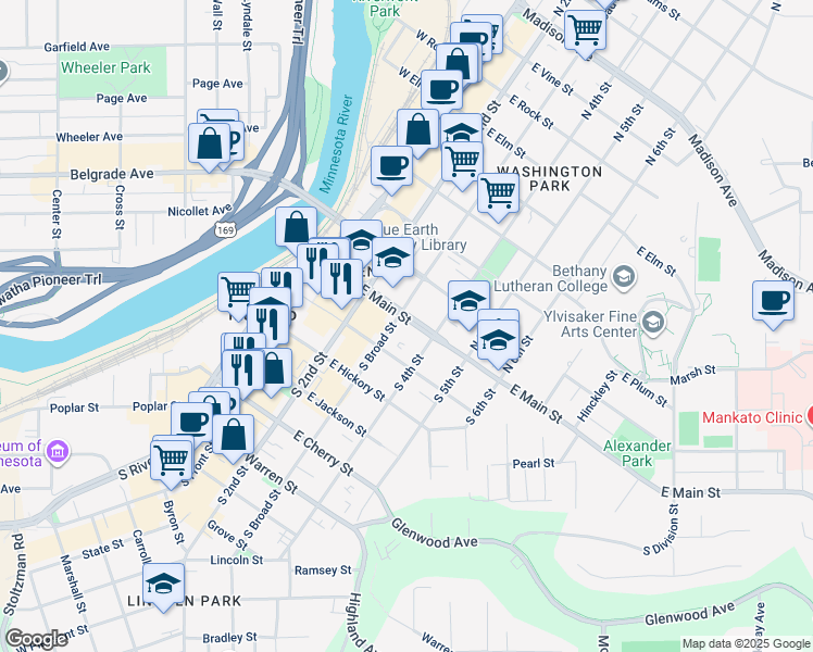 map of restaurants, bars, coffee shops, grocery stores, and more near 227 East Main Street in Mankato