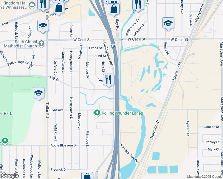 map of restaurants, bars, coffee shops, grocery stores, and more near 913 Gay Drive in Neenah