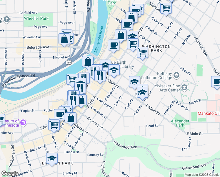 map of restaurants, bars, coffee shops, grocery stores, and more near 120 South Broad Street in Mankato