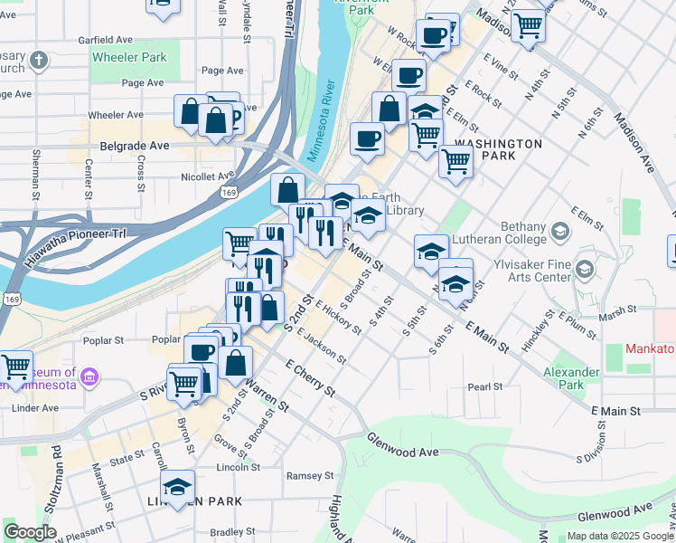 map of restaurants, bars, coffee shops, grocery stores, and more near 212 East Walnut Street in Mankato