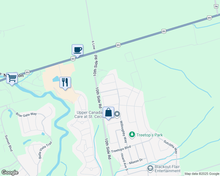 map of restaurants, bars, coffee shops, grocery stores, and more near Side Road 10 in Simcoe County