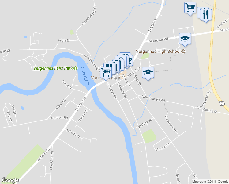 map of restaurants, bars, coffee shops, grocery stores, and more near 31 South Water Street in Vergennes