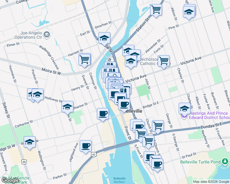 map of restaurants, bars, coffee shops, grocery stores, and more near 279 Front Street in Belleville