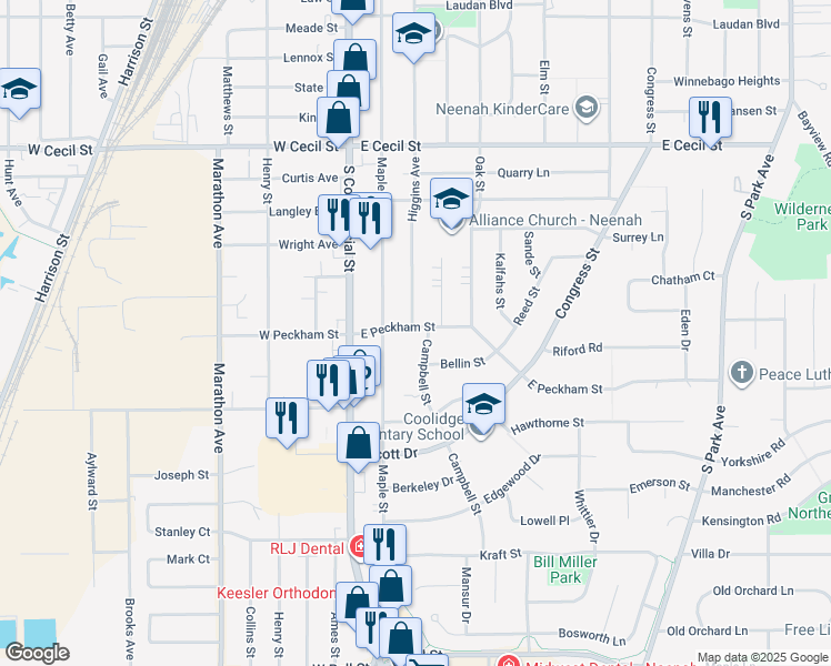 map of restaurants, bars, coffee shops, grocery stores, and more near 219 East Peckham Street in Neenah