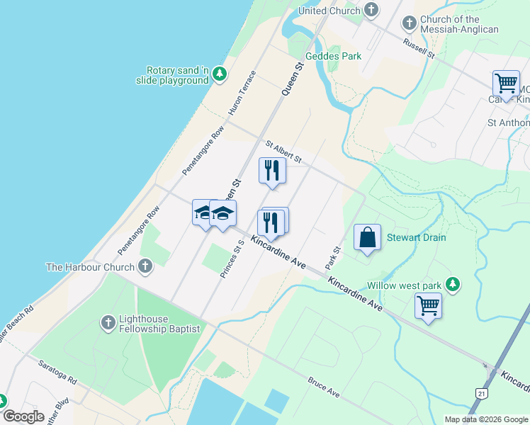 map of restaurants, bars, coffee shops, grocery stores, and more near 383 Princes Street South in Kincardine