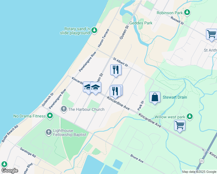 map of restaurants, bars, coffee shops, grocery stores, and more near 368 Princes Street South in Kincardine