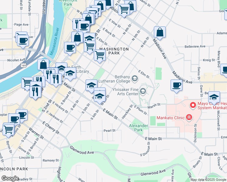 map of restaurants, bars, coffee shops, grocery stores, and more near 227 North 6th Street in Mankato