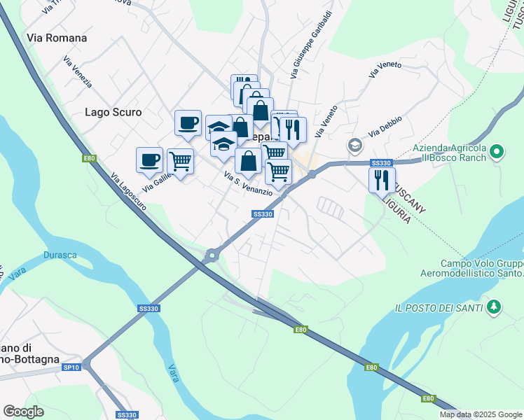 map of restaurants, bars, coffee shops, grocery stores, and more near 23 Via S. Venanzio in Ceparana